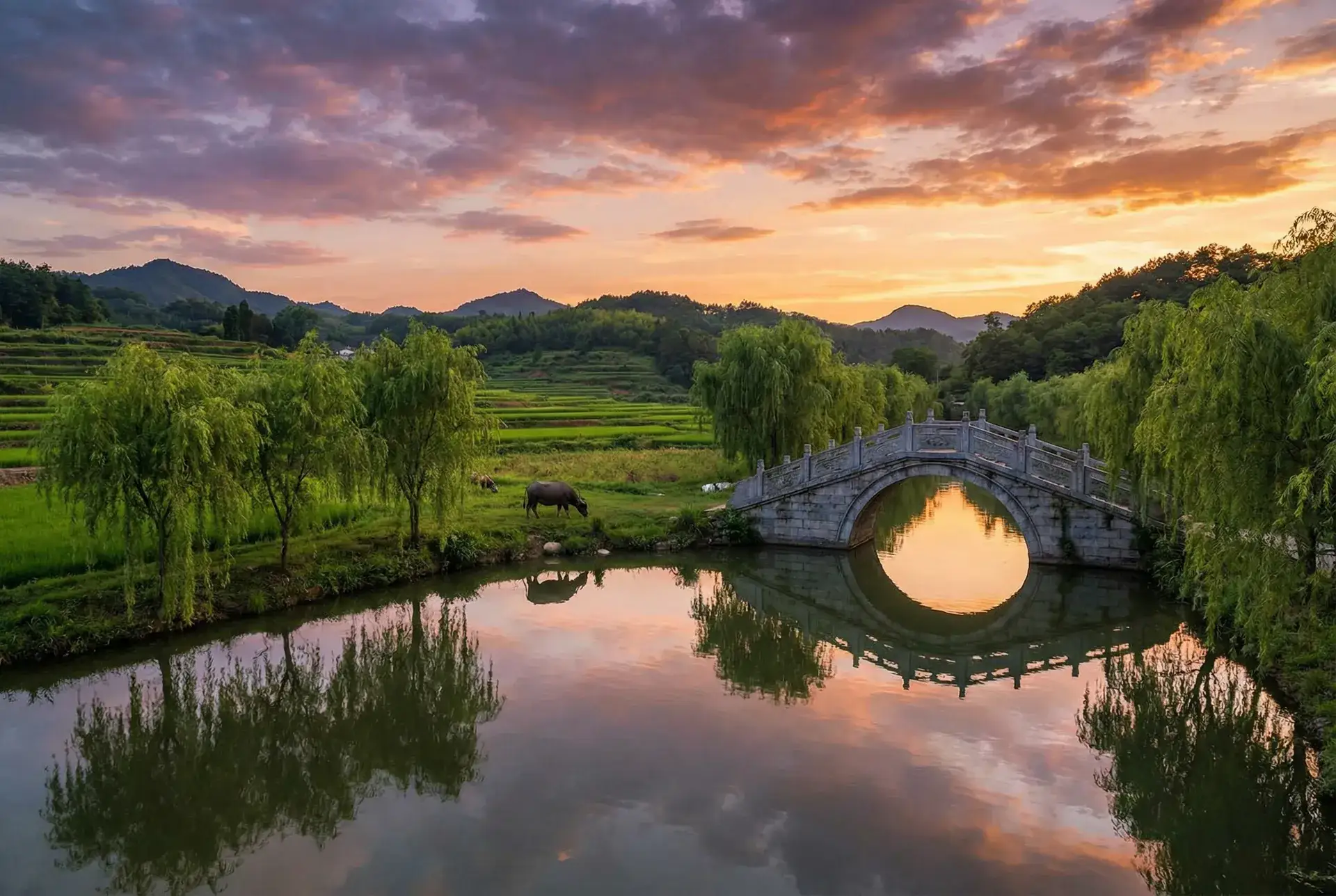 夕阳下的石拱桥与垂柳，水牛在河边吃草 - 青梅竹马是消防员未增删免费第2季 乡村美景
